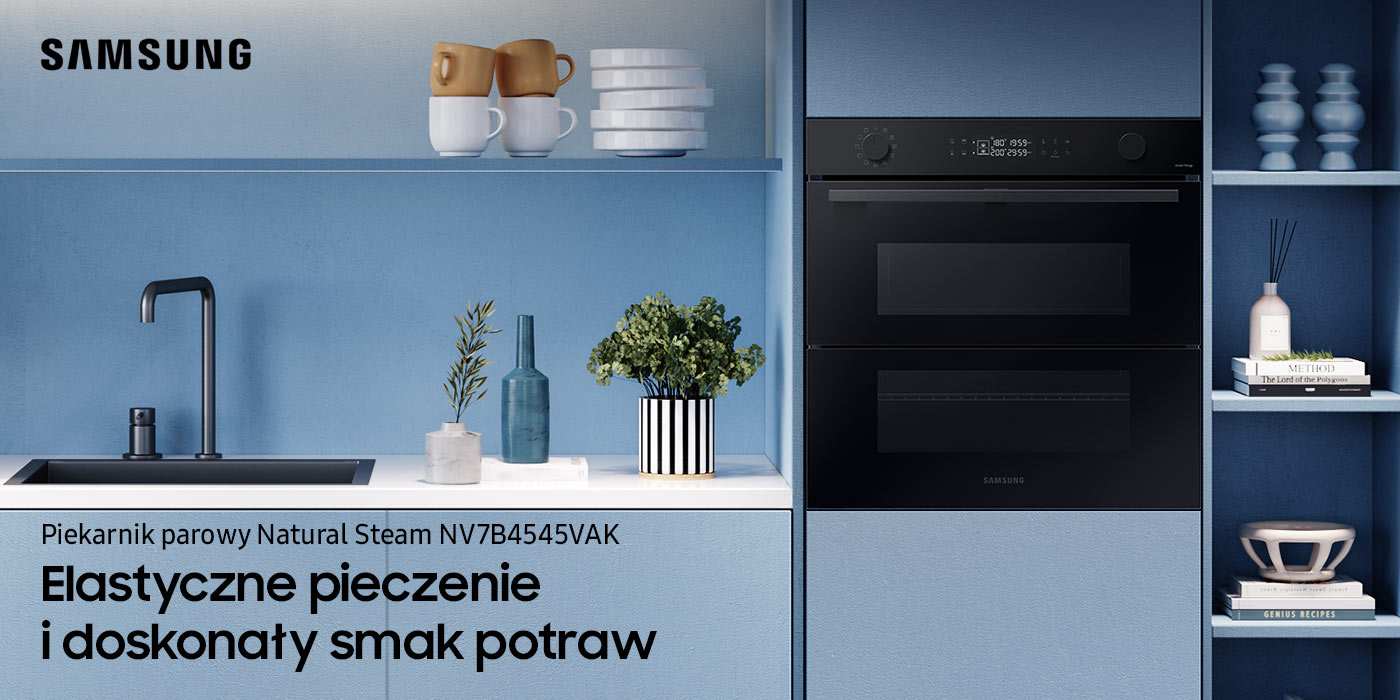 Piekarnik parowy Samsung Natural Steam NV7B4545VAK wbudowany w szafkę w błękitnym kolorze