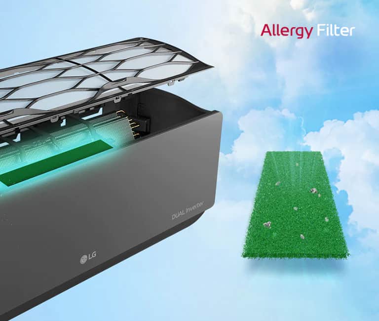 Kąt boczny klimatyzatora jest pokazany z filtrami unoszącymi się powyżej, aby pokazać filtr alergiczny zainstalowany wewnątrz. Obok maszyny znajduje się cały zielony filtr antyalergiczny, w który wpadły roztocza. Logo Filtra Alergii znajduje się w prawym górnym rogu.