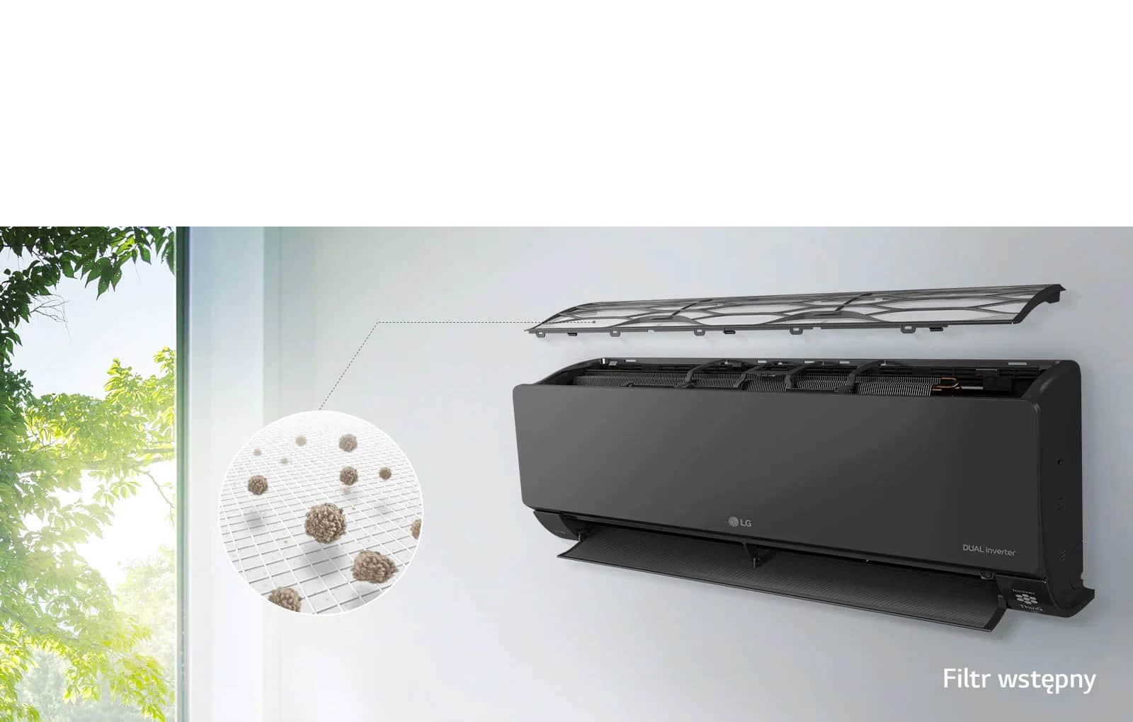 Klimatyzator LG jest zainstalowany na ścianie i widziany z boku. Górny panel jest rozchylony i widać na nim wewnętrzne filtry. Linia od filtra wstępnego prowadzi do powiększonego okręgu pokazującego pył zatrzymany w filtrze wstępnym. Logo Filtr wstępny znajduje się w prawym dolnym rogu.