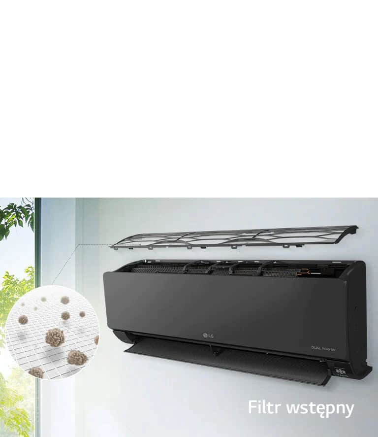 Klimatyzator LG jest zainstalowany na ścianie i widziany z boku. Górny panel jest rozchylony i widać na nim wewnętrzne filtry. Linia od filtra wstępnego prowadzi do powiększonego okręgu pokazującego pył zatrzymany w filtrze wstępnym. Logo Filtr wstępny znajduje się w prawym dolnym rogu.