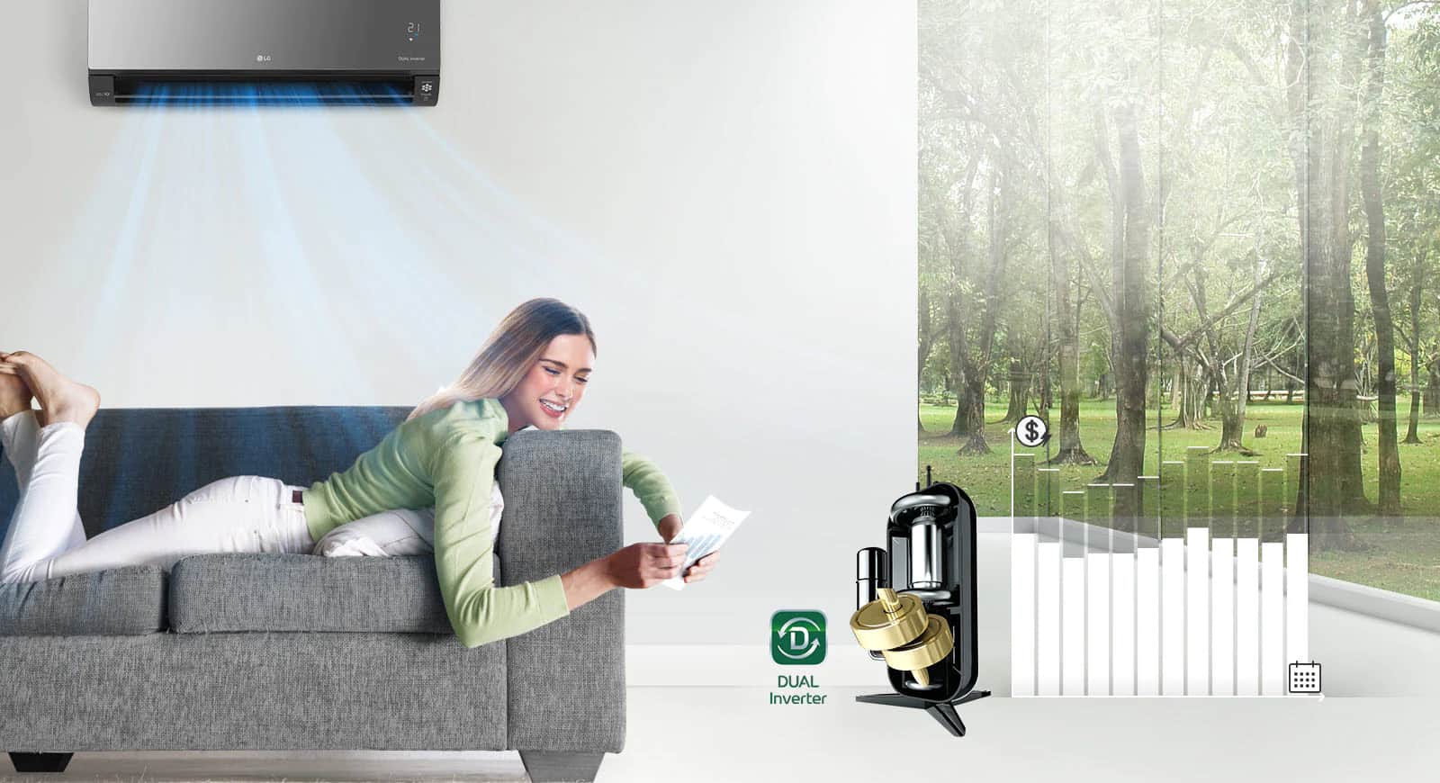 Kobieta leży na sofie i uśmiecha się, gdy klimatyzator nawiewa nad nią powietrze. Po prawej stronie kobiety znajduje się logo Dual Inverter i wizerunek podwójnego inwertera. Dalej po prawej stronie znajduje się wykres słupkowy. Słupki idą w górę, wskazując więcej wydanych pieniędzy, a następnie opadają, aby pokazać, że podwójny inwerter oszczędza pieniądze klientów.