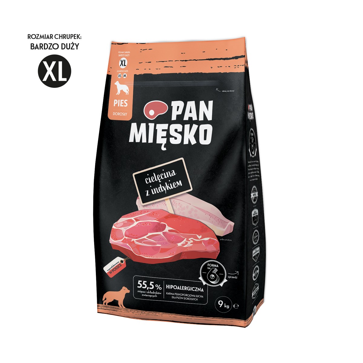 Сухий корм для собак Pan Mięsko Телятина з індичкою (дорослі) чіпси XL 9 кг Сухий корм для собак Pan Mięsko Телятина з індичкою (дорослі) чіпси XL 9 кг