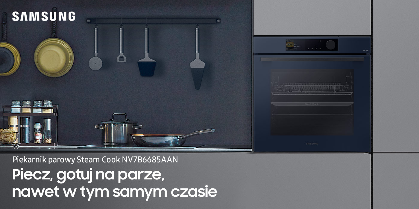 Ilustracja piekarnika parowego Steam Cook NV7B6685AAN, który został wstawiony do szaro-grafitowej kuchni.