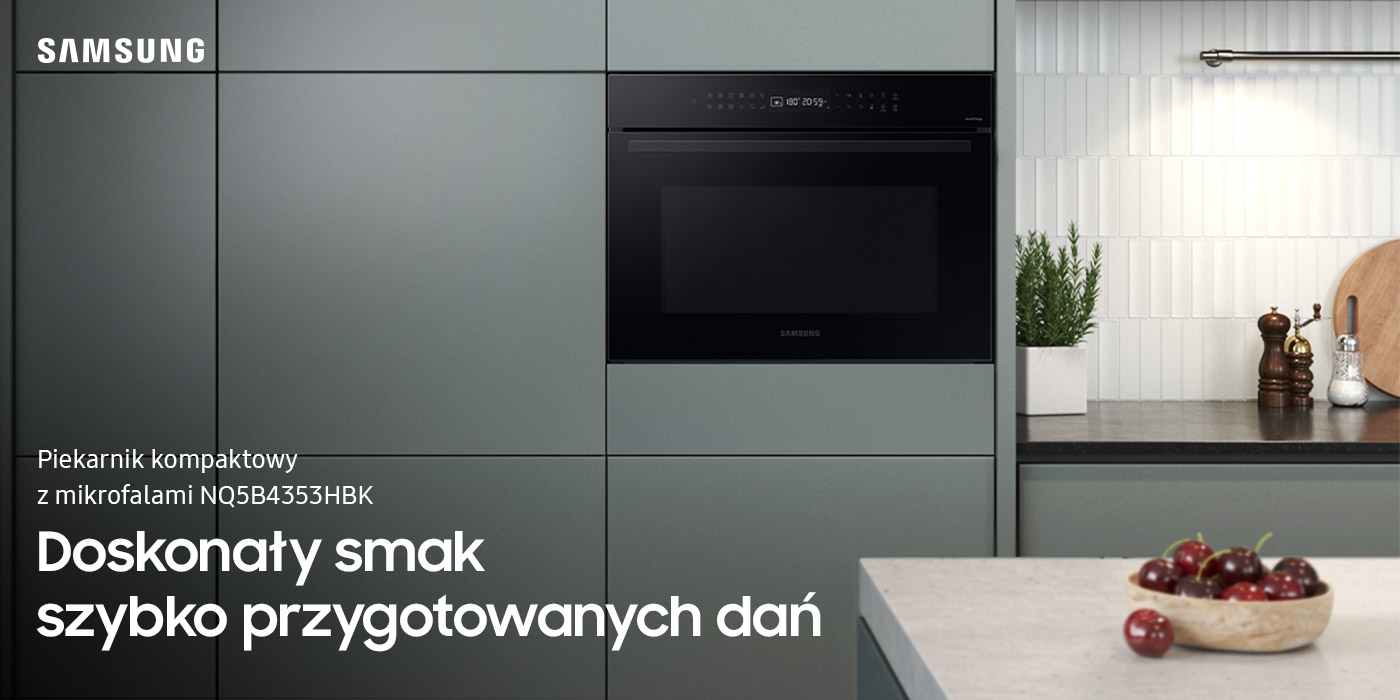 Piekarnik kompaktowy Samsung NQ5B4353HBK w zabudowie kuchennej przedstawiony na zdjęciu