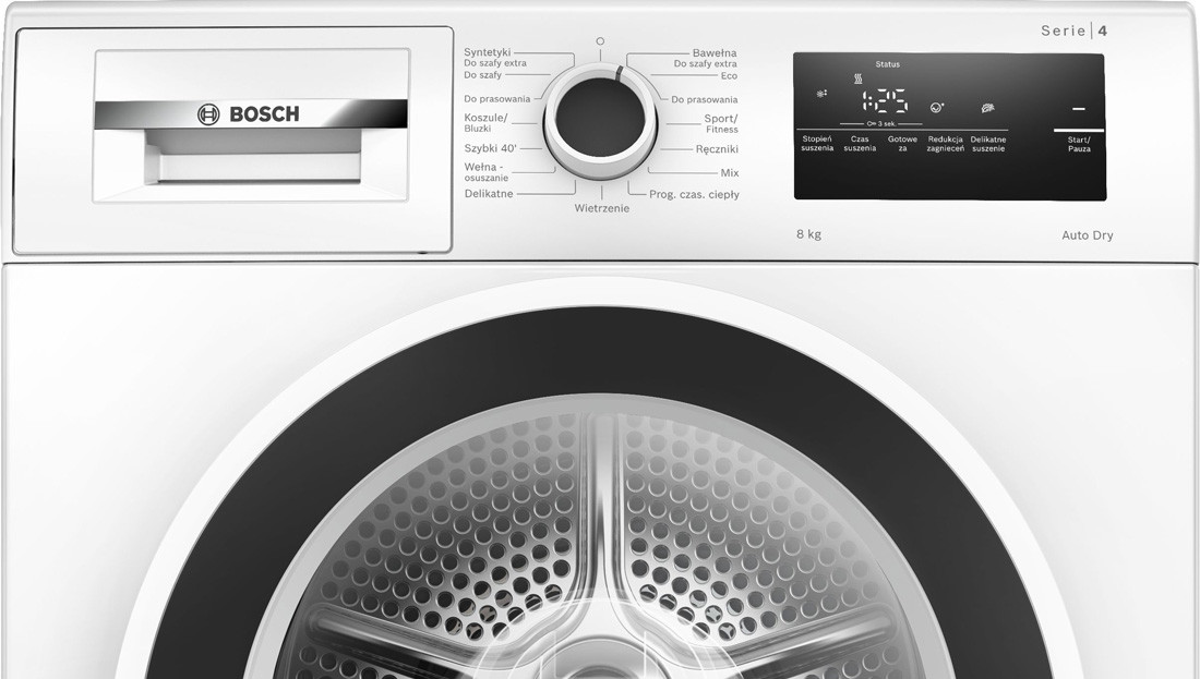 Панель управления стиральной машины Bosch со светодиодным дисплеем и ручкой выбора программ.