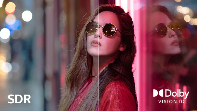 Сцена жінки в сонцезахисних окулярах була розділена на дві частини для візуального порівняння.  На зображенні текст SDR розташований у нижньому лівому куті, а логотип Dolby Vision IQ – у нижньому правому куті.