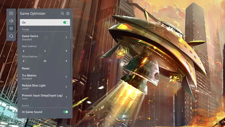 Телевізійний екран, на якому показано космічний корабель, що стріляє містом, і графічний інтерфейс оптимізатора ігор LG OLED зліва, який регулює налаштування гри.