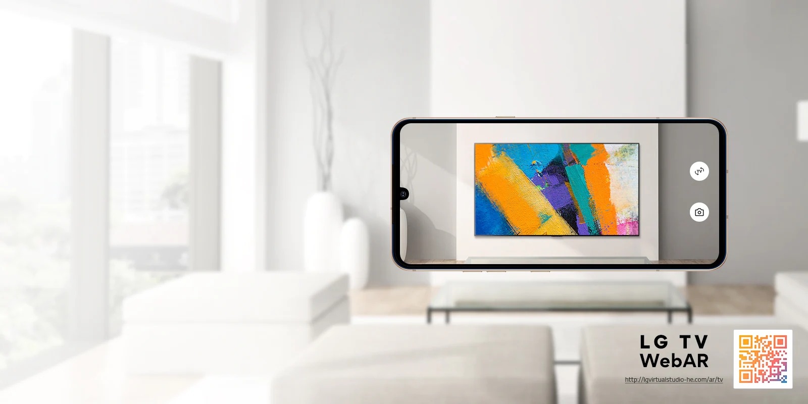 Це веб-доповнена симуляція зображення OLED-телевізора LG.  Зображення мобільних телефонів, накладених на мінімалістичний простір.  У нижньому правому куті є QR-код.