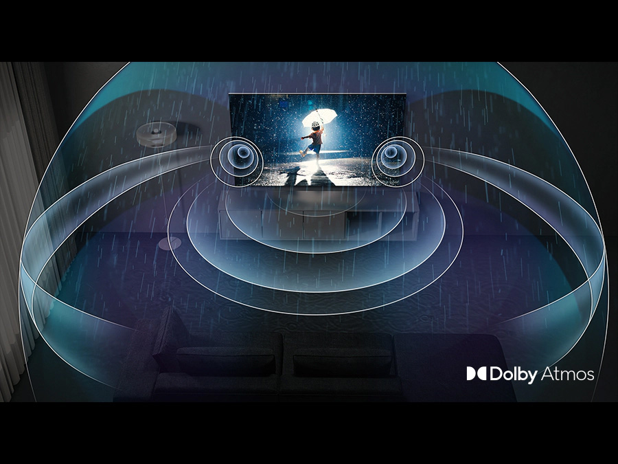Rozchodzenie się przestrzennego dzwięku w telewizorach Samsung Excellence Line QN700B dzięki technologii Dolby Atmos. QN700BTXXH
