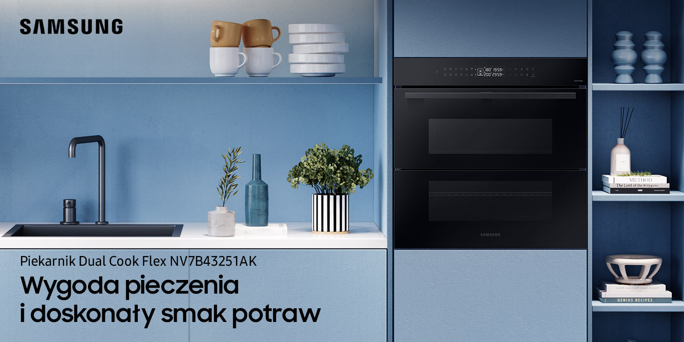 Zdjęcie przedstawia niebieską zabudowę kuchenną z piekarnikiem NV7B43251AK