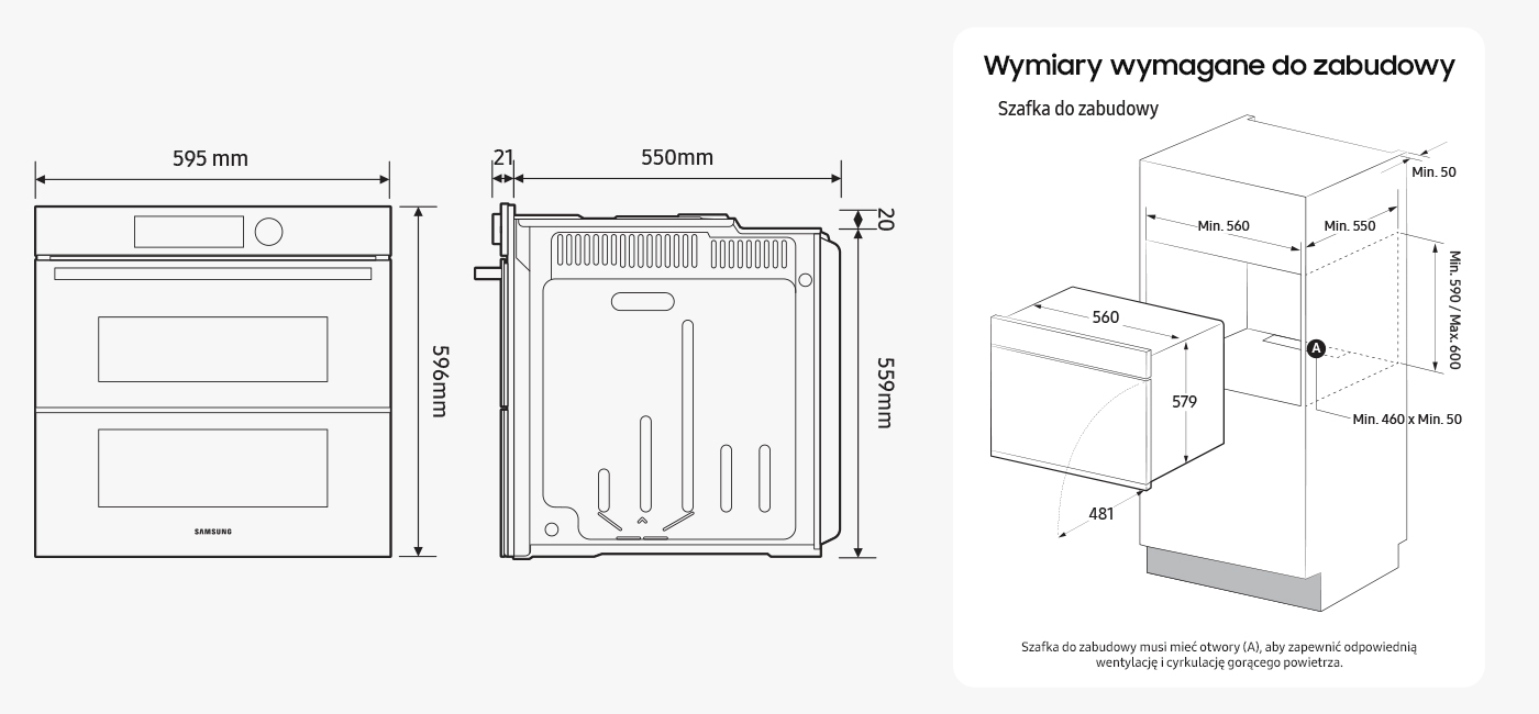 Rysunek techniczny pokazuje szczegółowe wymiary piekarnika Samsung NV7B43251AK