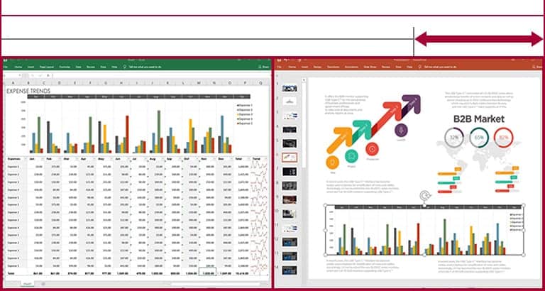 Ilość miejsca na ekranie monitora o proporcjach 21:9 UltraWide wystarczy do wyświetlenia tabeli danych i slajdów obok siebie w odróżnieniu od monitora o proporcjach 16:9.