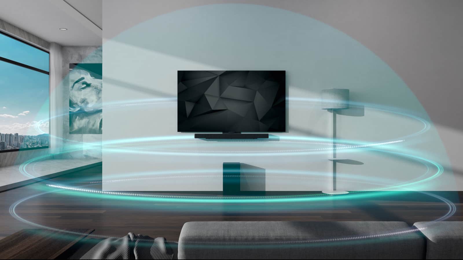 Niebieskie trzywarstwowe fale dźwiękowe w kształcie kopuły przykrywają soundbar i telewizor zawieszone na ścianie w pokoju.