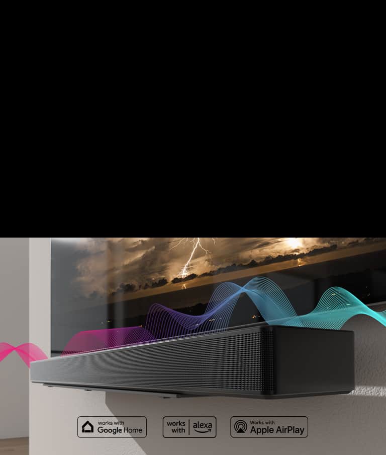 Soundbar wisi na ścianie, a nad nim wisi telewizor. Między nimi znajdują się fale dźwiękowe, które zmieniają kolory z czerwonego na niebieski.