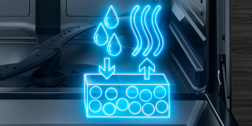 Wnętrze zmywarki z podświetloną ikoną kropli wody i pary symbolizującą proces suszenia.