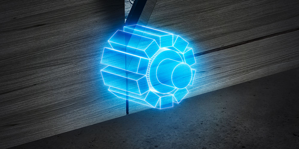 Podświetlona na niebiesko ikona silnika na tle zabudowanej zmywarki.