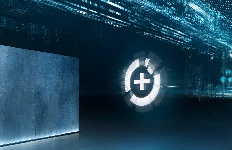 Futurystyczna grafika z podświetlonym znakiem plus w cyfrowym otoczeniu.