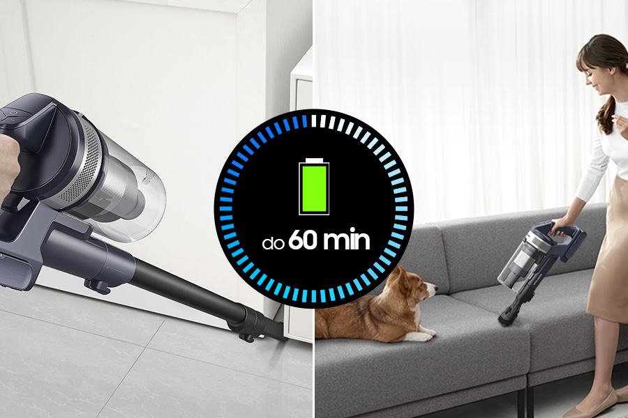 Kobieta używa odkurzacza Samsung VS20B75AGR5/GE seria 75 z trwałą baterią