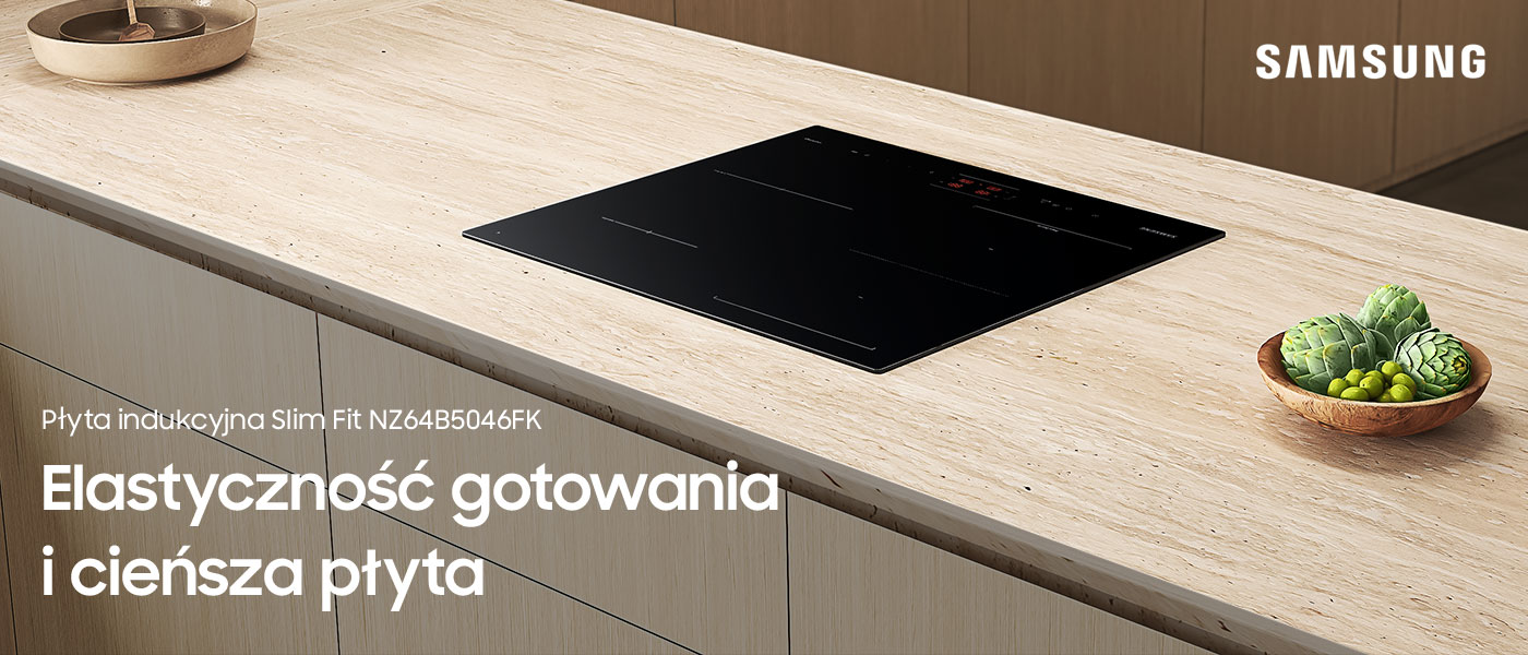 Płyta indukcyjna Samsung Slim Fit NZ64B5046FK została pokazana na zdjęciu zamontowana w jasnym blacie z drewna