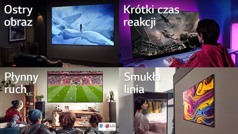 Mężczyzna siedzący w ciemności na kanapie i oglądający telewizję. Na ekranie widać mężczyznę stojącego na środku ośnieżonej góry. Dziewczyna gra w grę komputerową na dużym ekranie telewizora. Obraz przedstawia żołnierza wychodzącego z helikoptera. Cztery osoby siedzą na kanapie i oglądają mecz piłki nożnej w salonie. Kobieta patrzy na wiszący na ścianie telewizor przedstawiający dzieło sztuki.