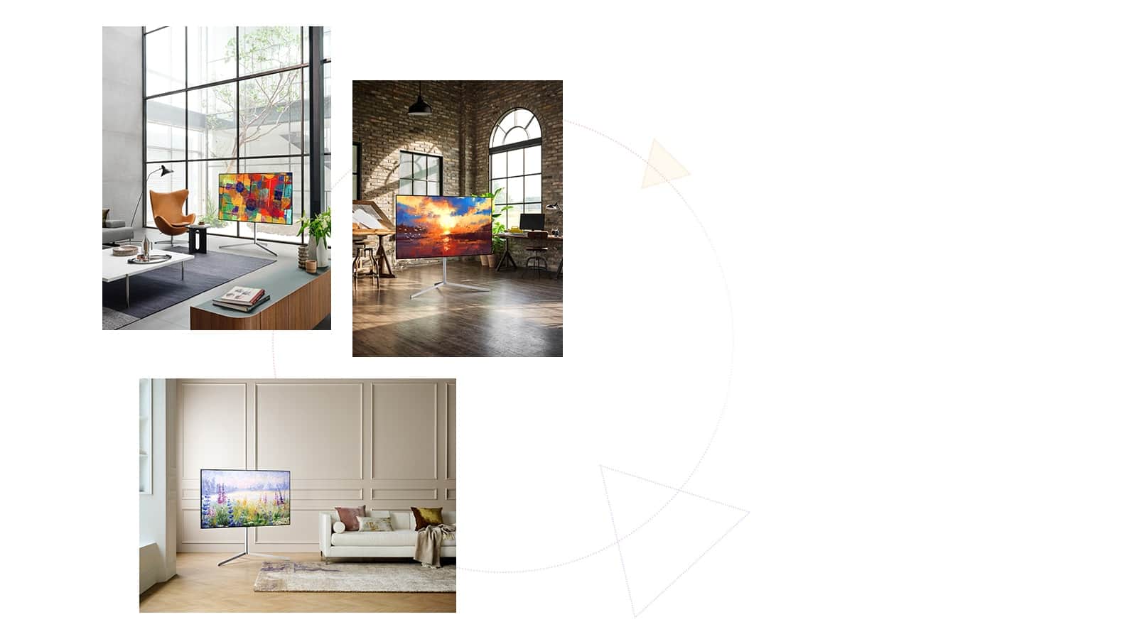  Trzy telewizory Gallery Design ze stojakiem wyglądajće jak dzieła sztuki niezależnie od miejsca, w którym się znajdują.