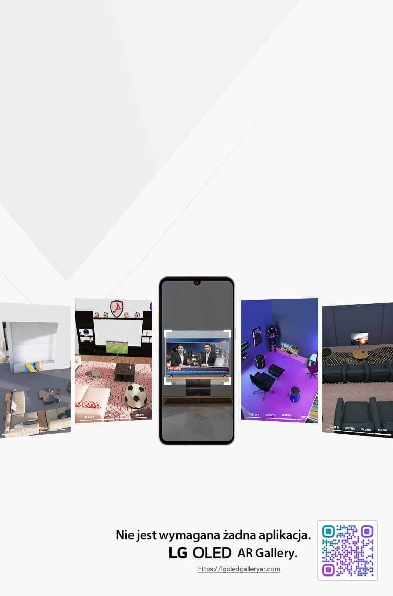 To jest symulacja AR obrazu telewizora LG OLED Gallery. W dolnym prawym rogu znajduje się kod QR.