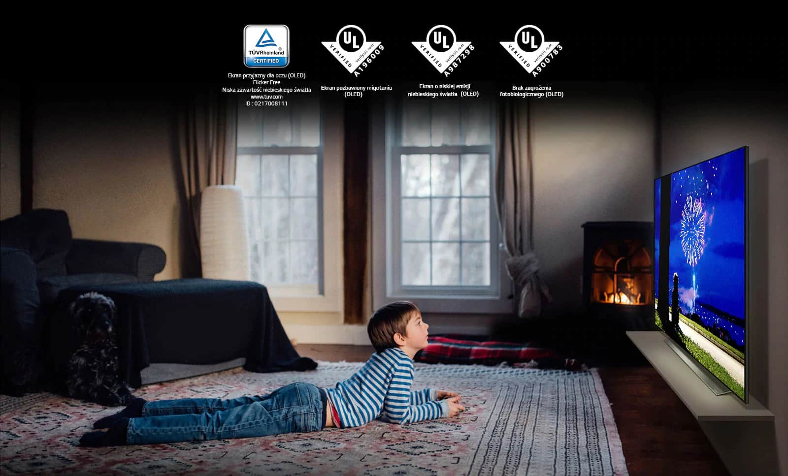 To jest karta opisująca certyfikat „Eye Comfort Display”. To jest scena przedstawiająca chłopca oglądającego telewizję leżąc na brzuchu. Cztery logo obok certyfikatu „Eye Comfort Display”.