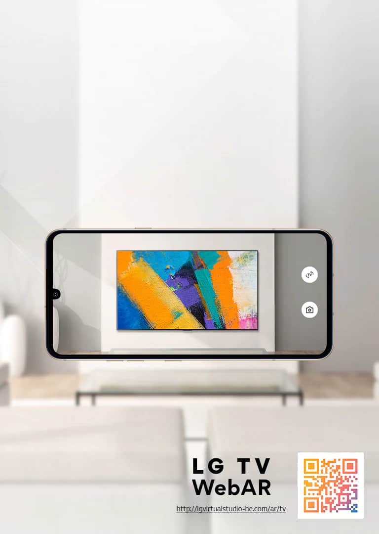 To jest symulacja Web AR obrazu telewizora LG OLED. Obrazy telefonów komórkowych nałożone na minimalistyczną przestrzeń. W dolnym prawym rogu znajduje się kod QR.