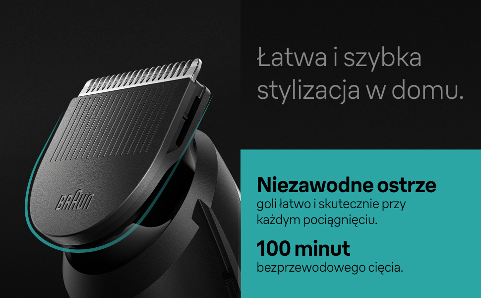 Łatwa i szybka stylizacja w domu. Niezawodne ostrze goli łatwo i skutecznie przy każdym pociągnięciu. 100 minut bezprzewodowego cięcia.