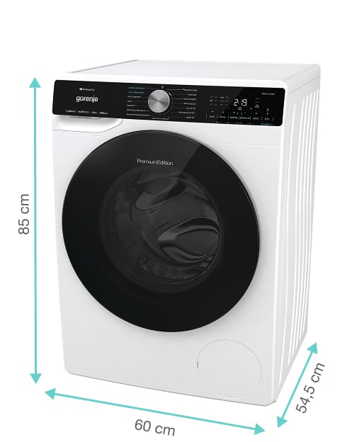Image: Pralka Gorenje z zaznaczonymi wymiarami: 85 cm wysokość, 60 cm szerokość oraz 54,5 cm głębokość Pralka Gorenje z zaznaczonymi wymiarami: 85 cm wysokość, 60 cm szerokość oraz 54,5 cm głębokość