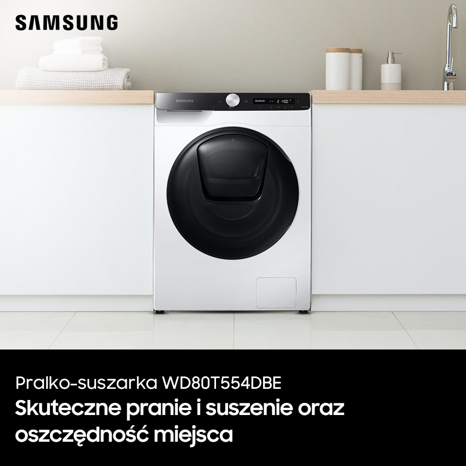 pralko-suszarka WD80T554DBE Skuteczne pranie i suszenie oraz oszczędność miejsca