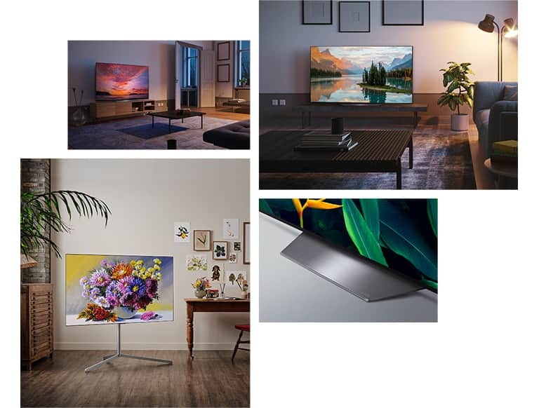 Telewizor LG OLED B2 wisi na ścianie w salonie, w którym znajdują się rośliny, stosy książek i staromodna szafka. Telewizor LG OLED B2 wisi na ścianie w minimalistycznie urządzonym pokoju obok szafki z jednokolorowymi ozdobami. Widok z boku podstawy telewizora LG OLED B2. Telewizor LG OLED B2 stoi na podstawce w kolorowym salonie obok stosu książek. Telewizor LG OLED B2 stoi na podstawce w pokoju w kolorze terakoty obok dwóch skórzanych krzeseł do jadalni z dopasowanym podnóżkiem i tkanym chodnikiem.