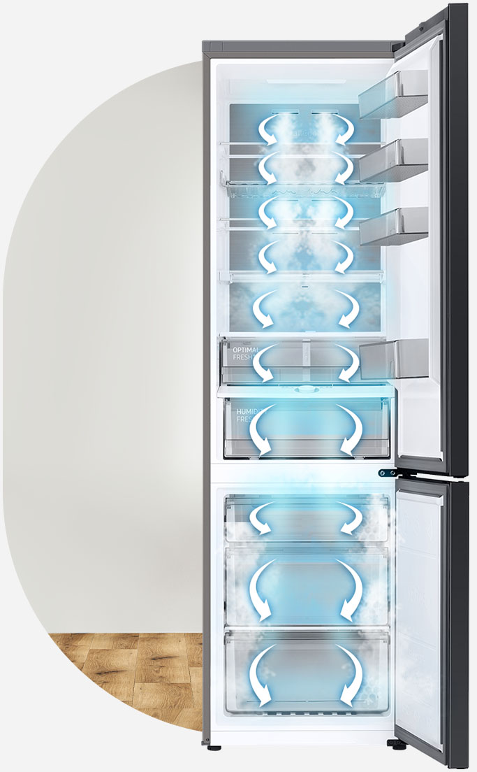 Na zdjęcie wnętrza chłodziarko-zamrażarki Samsung BESPOKE RB38A7B6CAP/EF naniesiono schemat cyrkulacji powietrza w systemie chłodzącym all around cooling