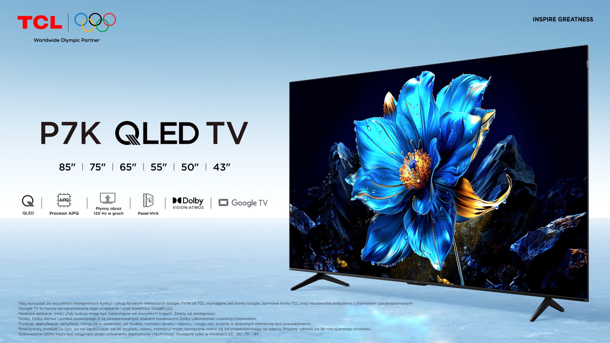 Телевізор TCL P7K QLED з синьо-золотою квіткою на екрані, доступний у розмірах від 43 до 85 дюймів.