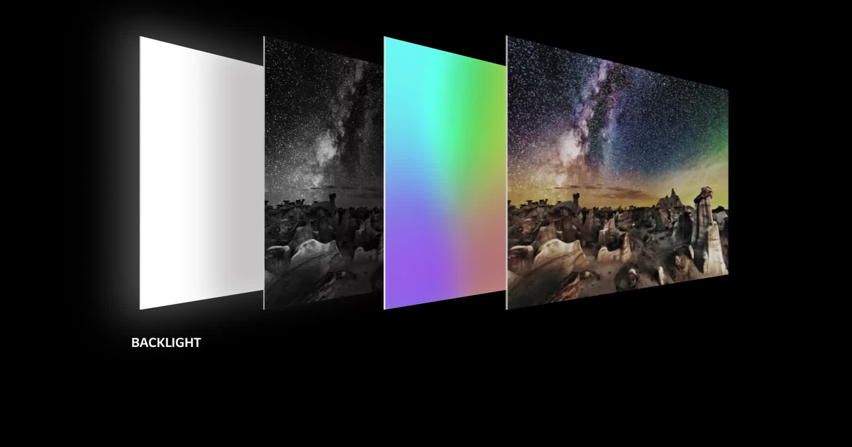 Film przedstawiający warstwy telewizora, na którego głównym ekranie OLED jest wyświetlone gwieździste niebo. Podświetlenie znika, po czym polaryzacyjny filtr kolorów i OLED łączą się, tworząc obraz, który jest tak jasny, że odbija się poniżej telewizora jak w wodzie.