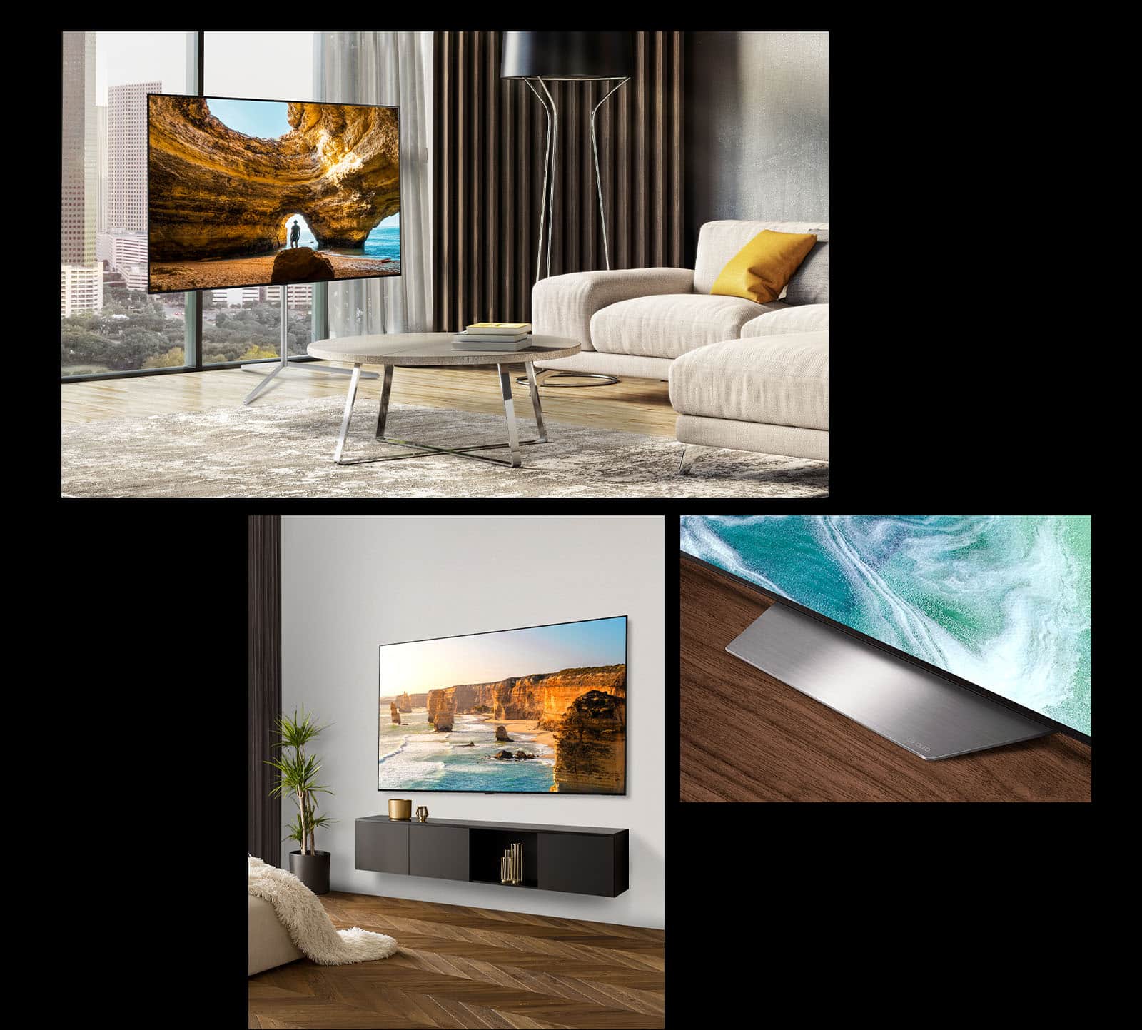 Zdjęcie telewizora LG OLED B3 z podstawą podłogową naprzeciwko okna wychodzącego na miasto. LG OLED B3 na ścianie w nowocześnie urządzonym pokoju. Dolny róg podstawy telewizora LG OLED B3.