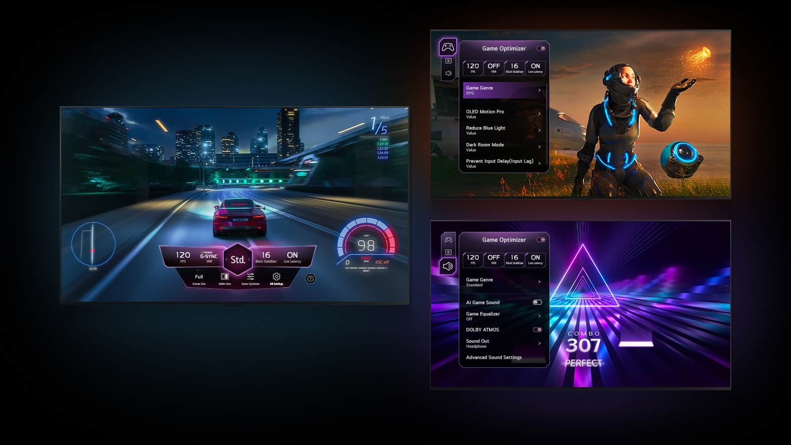 Kolm mänguekraani on kujutatud mustal gradienttaustal. Üks näitab autode võidusõidumängu, kus Game Dashboard hõljub tegevuse kohal. Teine näitab ulmemängu koos Game Optimizeri menüüga. Ja viimasel ekraanil on Game Optimizeri mängukaart muusikamängu kohal. 