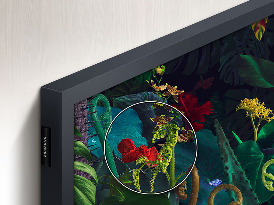 A part of the screen on The Frame is emphasized to show how realistic the colors are via 100% Color Volume technology. LS03BBUXXH