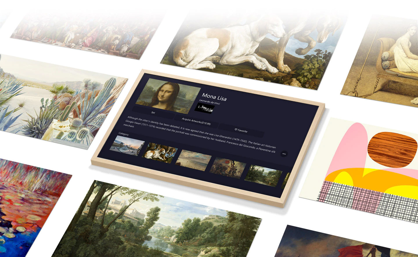 The Frame's Art Store page is displayed on the center. Surrounding it are many artworks that can be found in the Art Store. LS03BBUXXH