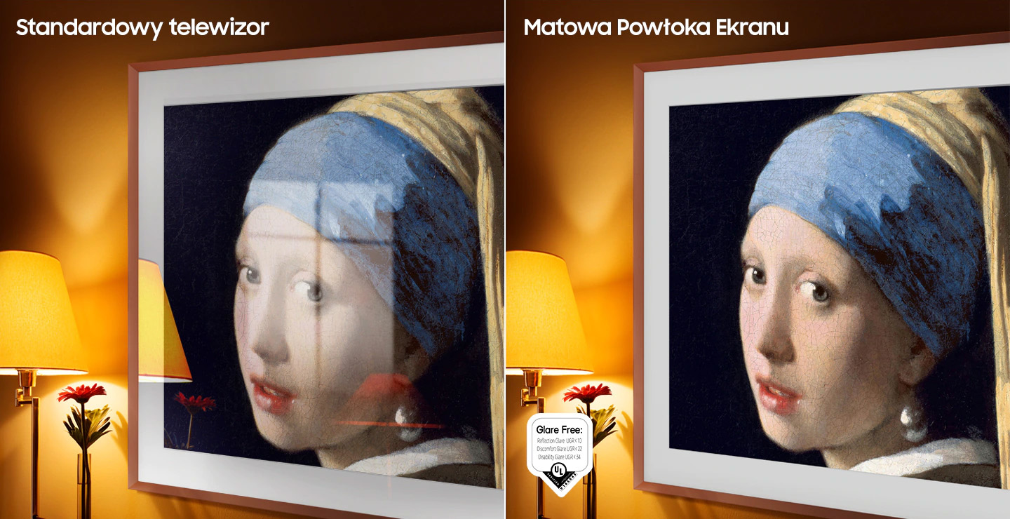 The Conventional screen displays artwork full of reflections. The Matte Display shows the same painting with no glare. The UL verified Glare Free logo is on display with Reflection Glare UGR<10, Discomfort Glare UGR<22, Disability Glare UGR<34. LS03BBUXXH
