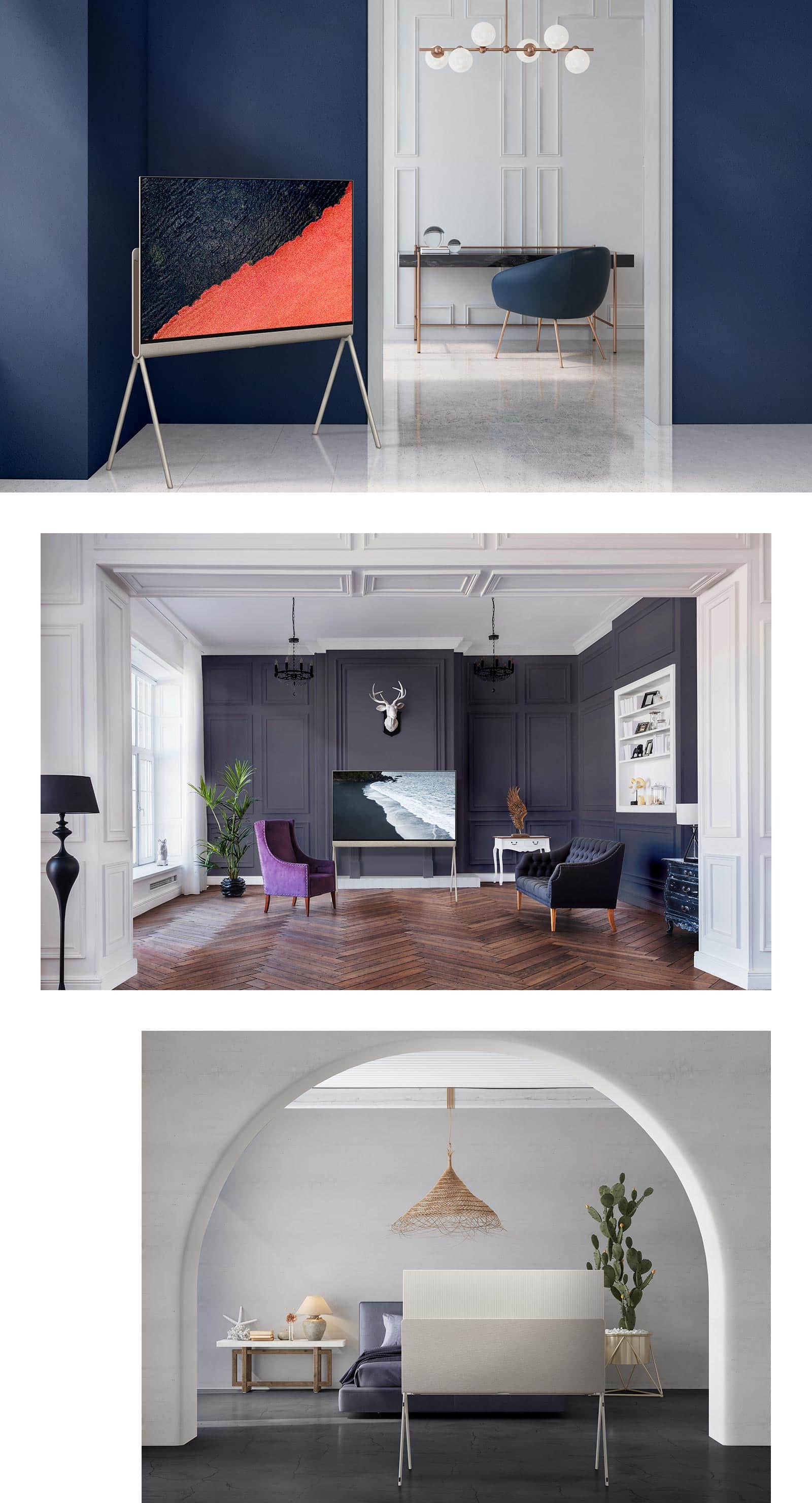 Поза в трьох інтер'єрах. Перший — у кутку біля темно-синьої стіни. Він відображає чорні та червоні зображення на екрані. Ззаду можна побачити письмовий стіл і темно-синє крісло. Друга розташована на тлі сучасної темної стіни, на якій висить голова оленя. Він відображає хвилі на екрані. Третій зображений ззаду. Він стоїть посередині кімнати і виконує роль стильного доповнення перед ліжком.