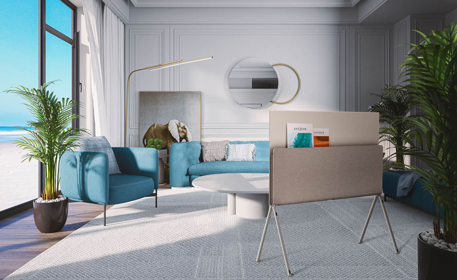 Позуйте в кімнаті, оформленій у блакитних тонах, з вікна, що виходить на узбережжя. Показано зі спини. На медійній полиці – журнали.