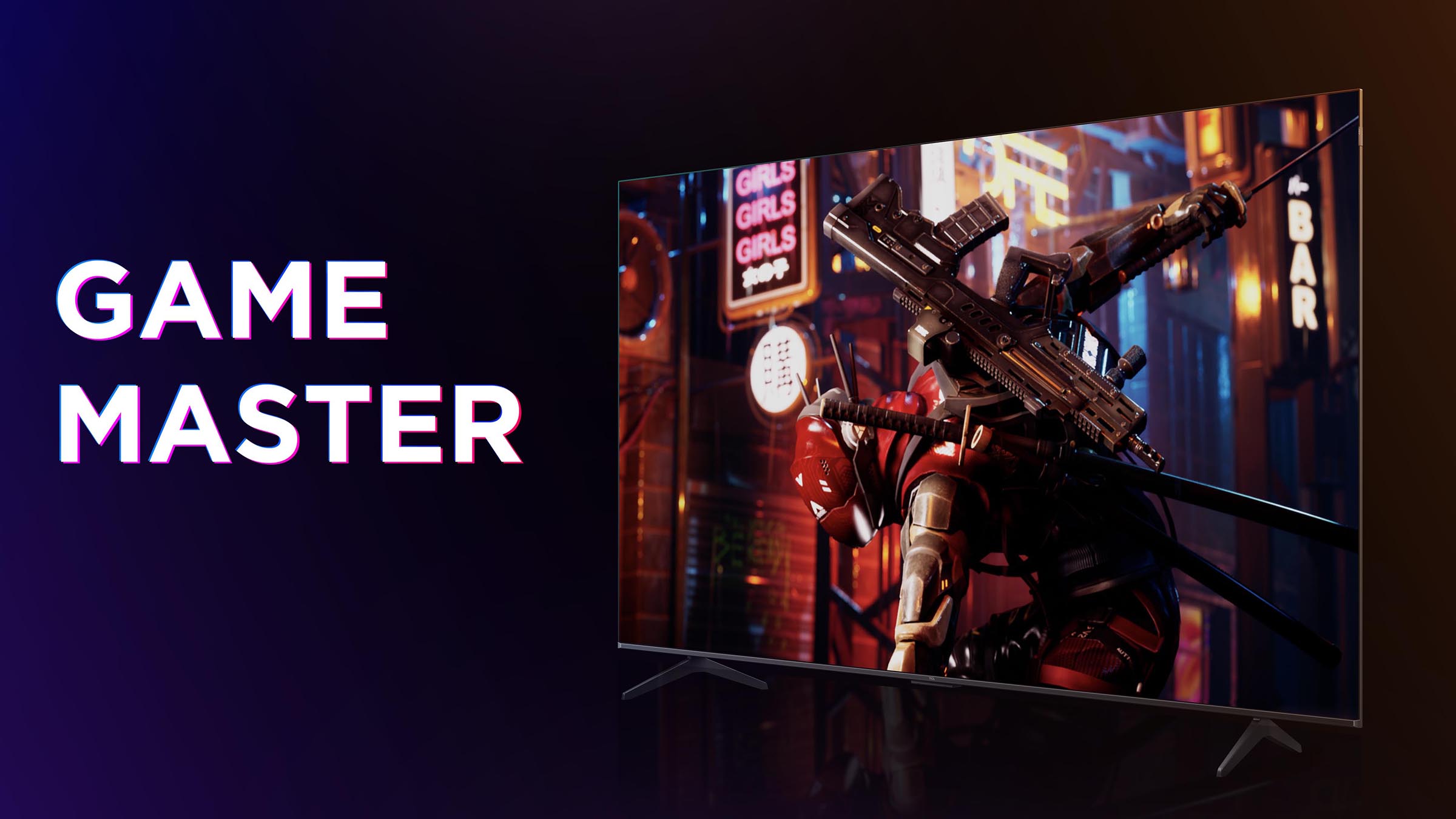 Телевізор TCL з режимом Game Master, що представляє динамічну ігрову сцену з персонажем у футуристичному середовищі.