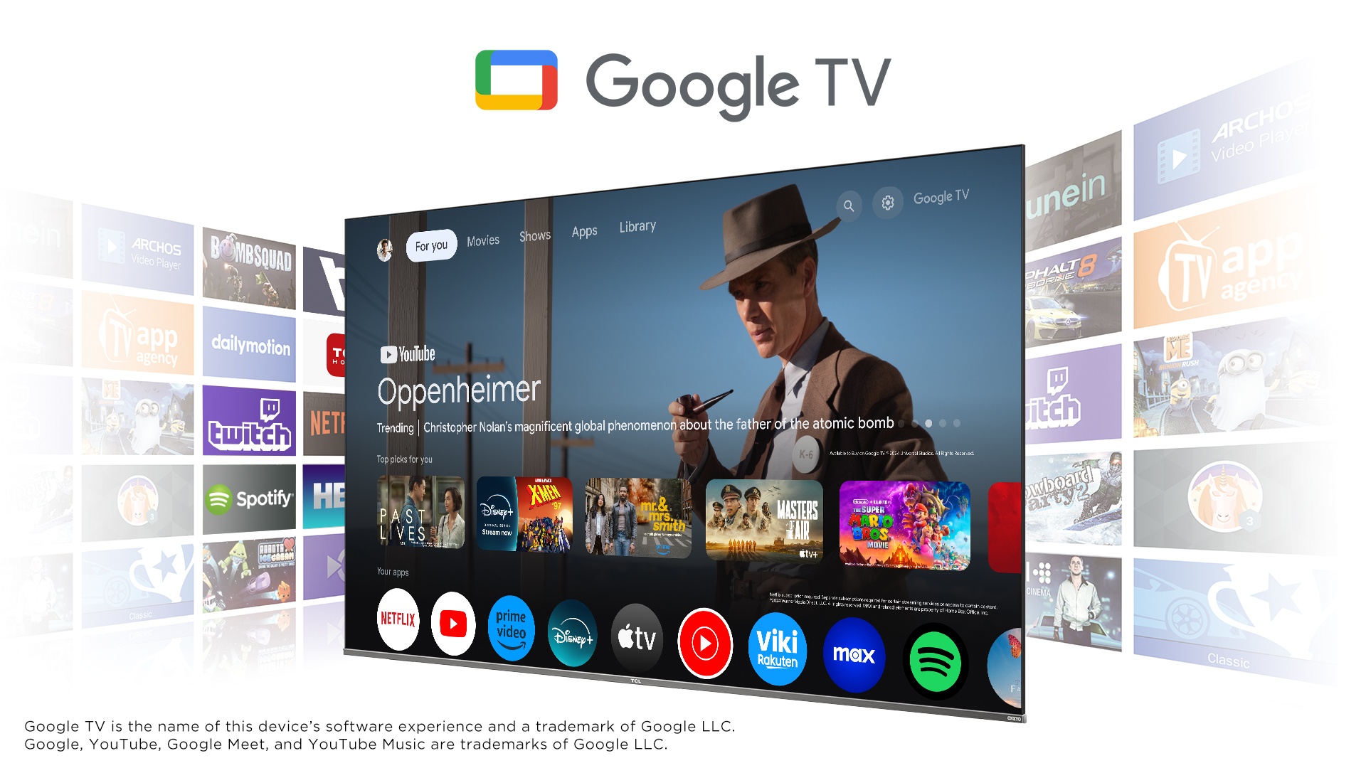 Інтерфейс Google TV на телевізорі TCL із фільмом «Оппенгаймер» та такими додатками, як Netflix, Prime Video та Spotify.