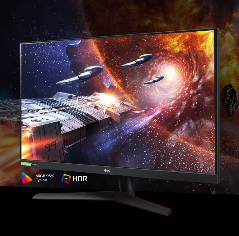 Scena z gry w bogatej szacie kolorystycznej i z wysokim kontrastem na monitorze obsługującym Hdr10 i pokrywającym 95% palety Srgb (typ.)