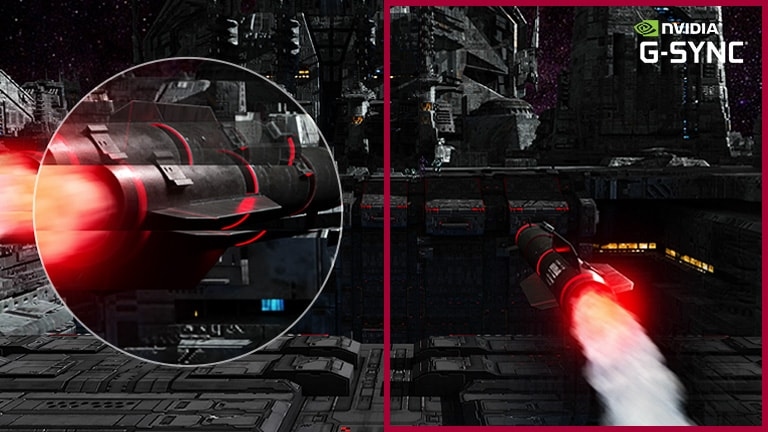 Obracający się pocisk leci w stronę celów z wielką prędkością w grze FPS. Ruch obrotowy pocisku jest uchwycony w powiększeniu. W jednej scenie jest płynny dzięki włączonemu trybowi G-sync, co można porównać z drugą sceną z wyłączonym trybem G-sync.